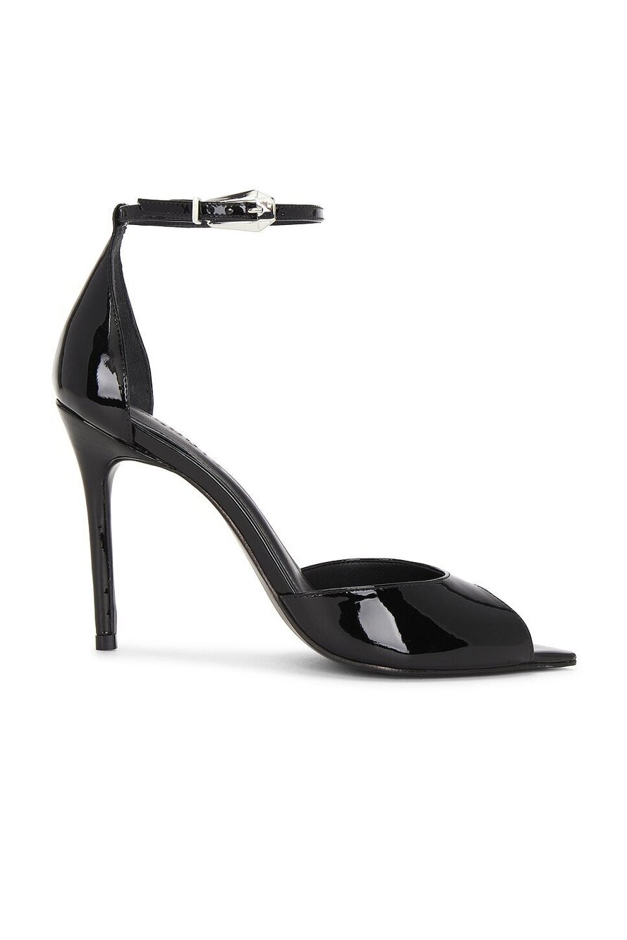 Schutz Lena Sandal in Black patent leather high heel pointed toe ankle strap